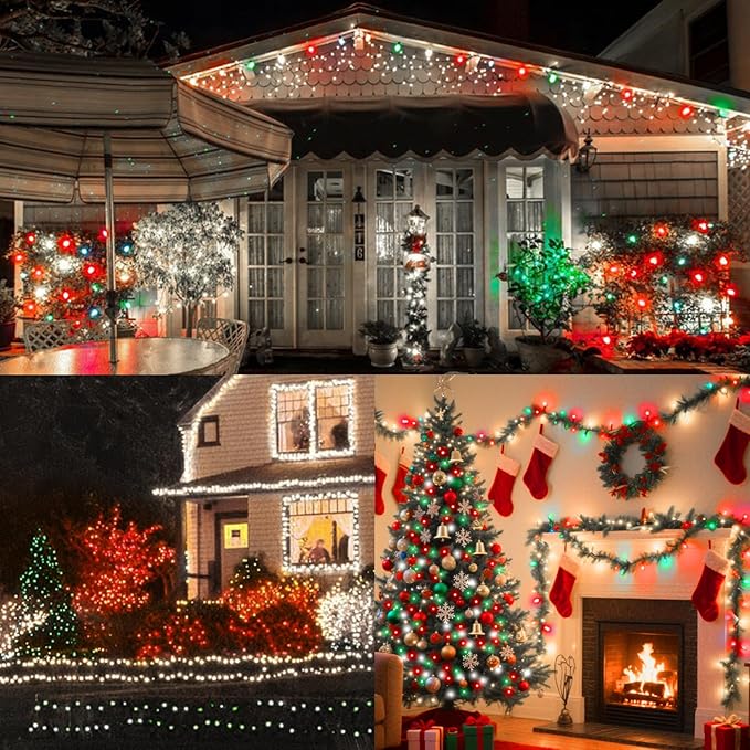 LAMPHOME 66ft Christmas Decorative Mini Lights, 200 LED Transparent Wire Fairy Starry String Lights Plug in, 16 Lighting Modes for Outdoor Xmas Tree Wedding Party Decoration (Red Green White)