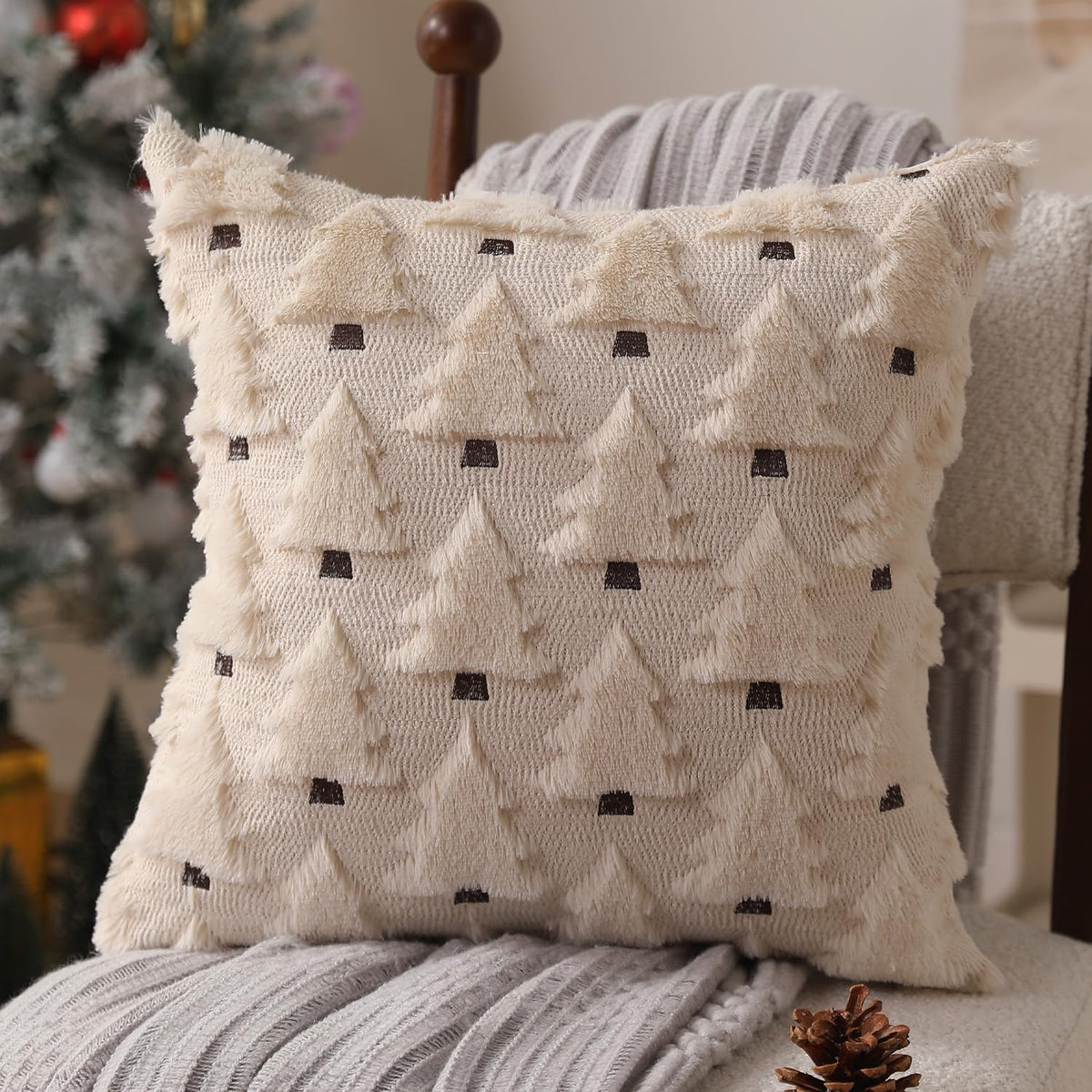 Allorry Christmas Pillow Covers 18x18 inch Set of 2 Xmas Decorations Soft Plush Faux Fur Wool Beige Christmas Tree Throw Pillow Cases Winter Holiday Decor for Sofa Living Room PT-002C18