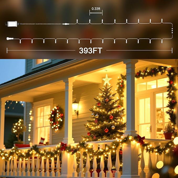 393 FT Christmas Lights 1000 LED Xmas Lights Outdoor Christams String Lights Waterproof 8 Modes & Timer, Fairy Lights Plug in for Weeding, Patio, Party, Holiday,Christmas Decor(Warm White)