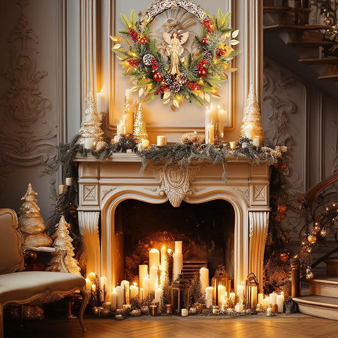 YULETIME 24" Angel Christmas Wreath, Artificial Holiday Wreath with Resin Angel Statue, Natural Rattan Ring & Pine Cones, Golden Leaves, Red Baubles, Spruce Branches, Snowy Pine Needles