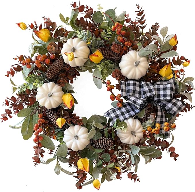 WANNA-CUL 24 inch Large Farmhouse Fall Wreath Decor for Front Door with White Pumpkin,Cotton,Lamb's Ear and Eucalyptus Leaves,Harvest Door Wreath for Autumn or Thanksgiving Decorations