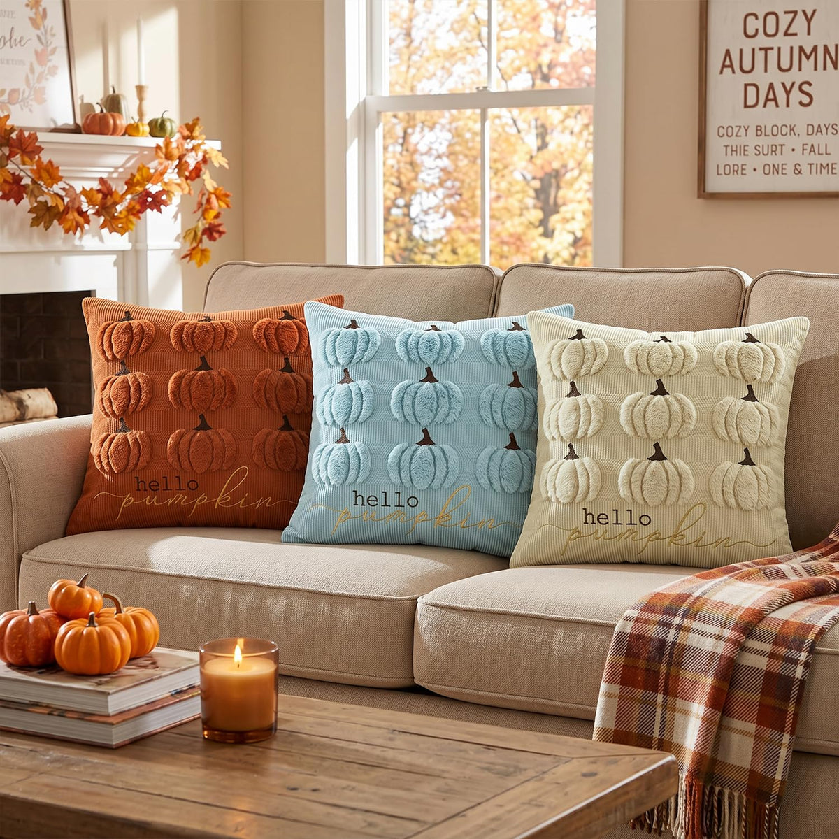 AVOIN colorlife Blue Hello Pumpkin Fall Embroidery Throw Pillow Covers, 18 x 18 Inch Autumn Harvest Thanksgiving Soft Plush Faux Fur Jacquard Cushion Case Decoration for Sofa Couch Set of 2