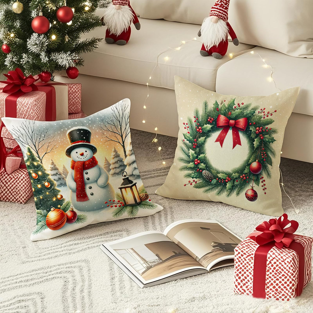 HDVUHKI Christmas Pillow Covers 16x16 inch Set of 4, Holiday Winter Outdoor Vintage Tree Snowflake Xmas Snowman Neutral Farmhouse Gold Seasonal Burlap Decorations for Sofa Couch