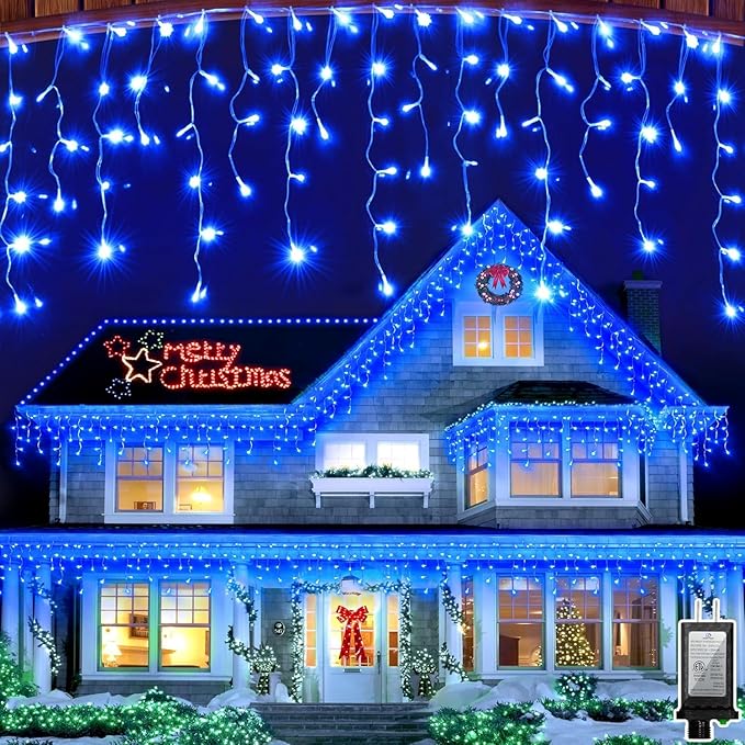1296 LED 131FT Christmas Lights 288 Drops, Outdoor Hanging lights with 8 Modes Timer, Plug in Curtain String Lights Outdoor Waterproof for House Fence Tree Holiday Wedding Party Outside Decor (Blue)