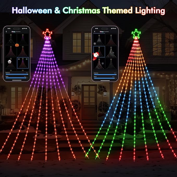 Outdoor Christmas Decorations, 11.8FT RGB Color Changing Christmas Hanging Waterfall String Lights with Star, APP Remote Control, DIY Multi-Color Lightshow, Music Sync, Xmas New Year Decor