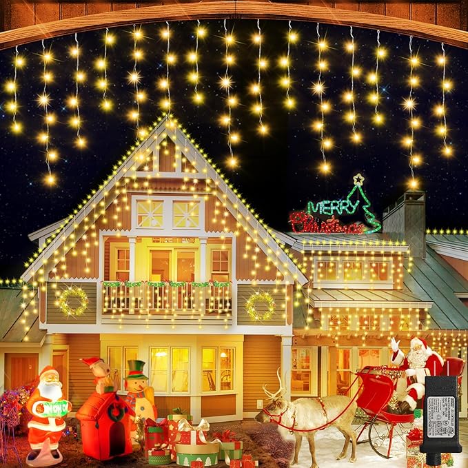52FT 512LED Christmas Lights Outdoor Waterproof Curtain Lights with 8 Modes Timer Hanging Fairy Lights Plug in String Lights for Holiday Wedding Party Decoration(Warm White)