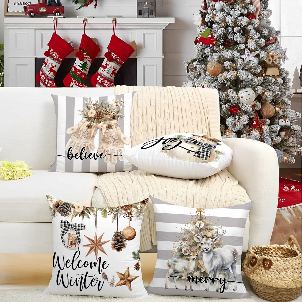 Artmag Christmas Pillow Covers 16x16 inch Set of 4 Snowman Gloves Welcome Winter Grey White Strip Christmas Throw Pillow Covers Winter Farmhouse Decoration for Home