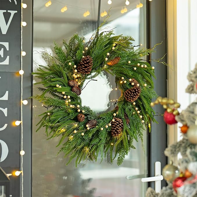 Prelit Christmas Wreaths for Front Door 24 Inch- Real Touch Norfolk Pine Wreath with Lights,Green Evergreen Outdoor Xmas Wreath with Natural Pine Cones and Berries for Farmhouse Home Decor