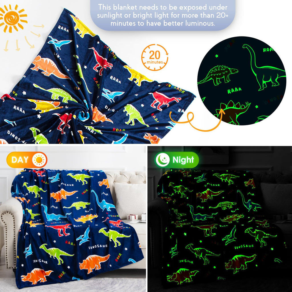 Jekeno Dinosaur Glow in The Dark Blanket Dino Gift Throw for Kids Boys Girls Birthday Christmas Halloween Easter Decor for Age 1-16 Years Old Teens Child Toddler Son Throw Navy Blue 50"x60"