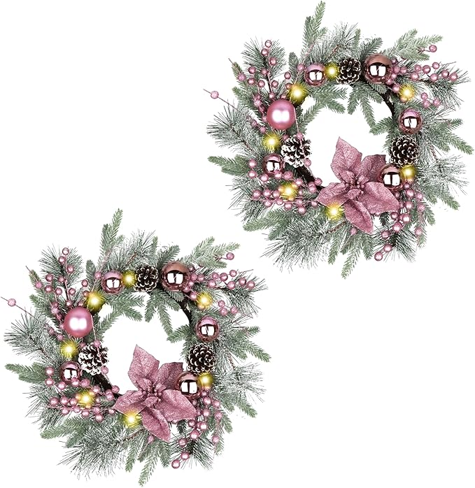 Pink Christmas Wreath 20 Inch Christmas Door Decorations Wreath Set of 2 with Christmas Balls, Pine Cones, Golden Twigs, Pine Needles and Silver Berries,Perfect for Front Door, Indoor Outdoor Use