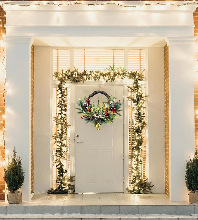21" Pre-Lit Christmas Wreath for Front Door,Christmas Wreath Decorations with Golden Christmas Reindeer Jingle Bells Pine Cones,Christmas Door Wreath for Home Wall Window Indoor Outdoor Decor