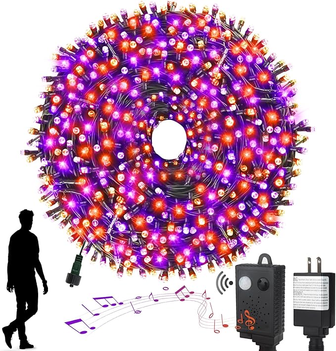 XTF2015 Halloween Lights, 105FT 300 LED Halloween String Lights with Spooky Music Motion Sensor Controller Twinkle Waterproof Purple Orange Light Plug in for Indoor Outdoor Tree Party Yard Room Decor
