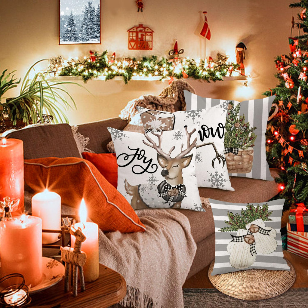 Coeufuedy Christmas Stripe Pillow Covers 18x18 Inch Set of 4 Snowman Reindeer Gloves Eucalyptus Winter Holiday Decorative Farmhouse Cushion Covers for Sofa Couch Living Room