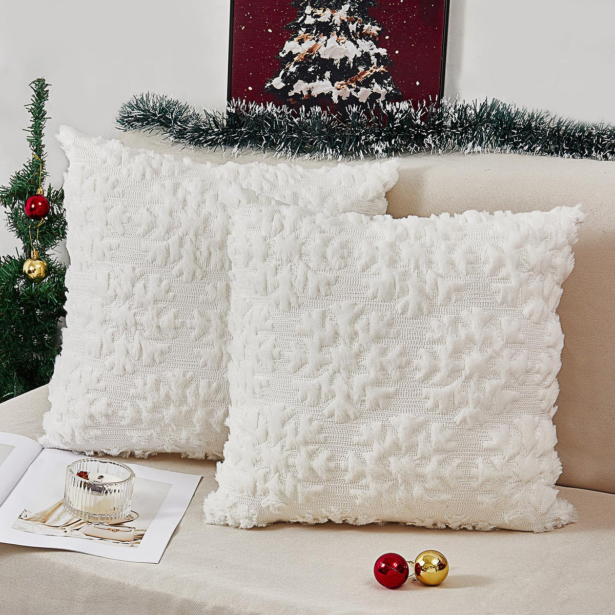 multiwins Christmas Pillow Covers 18" x 18" Set of 2, Soft Plush Faux Rabbit Fur with 3D Embroidery Snowflake Design, Throw Pillow Covers for Sofa, Winter Holiday Christmas Decor,Skin-Friendly