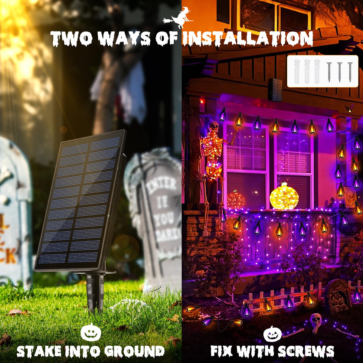 iBaycon Solar Halloween Lights, 27Ft 10 LED Bulbs Flickering Flame String Light, Outdoor Waterproof Solar Flame Lights for Garden Yard Patio Halloween Decorations (Warm White + Purple)