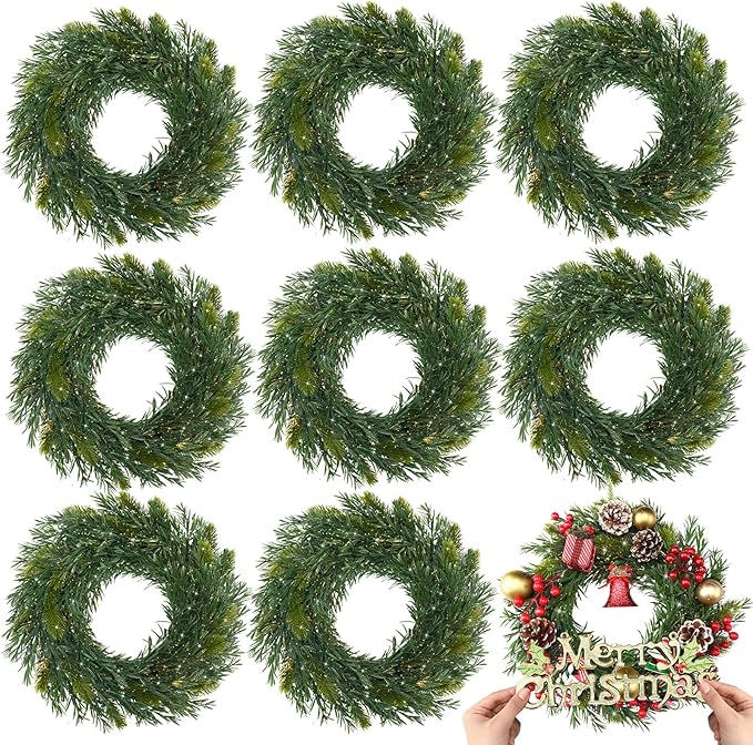 Zeyune Christmas DIY Green Wreath 14 Inch Artificial Christmas Wreaths Faux Plain Wreaths for Decorating Front Door Window Room Farmhouse Xmas Party Indoor Outdoor(Willow Pine,8 Pcs)