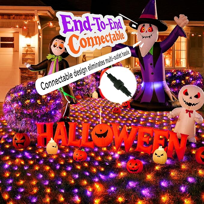 LitHome 14.8FT x 5FT Halloween Net Lights, 300 LED Purple Orange Bush Lights with 8 Modes, Connectable Waterproof Net Mesh Light Dark Green Wire for Bushes Shrubs Trees Outdoor Holiday Decor