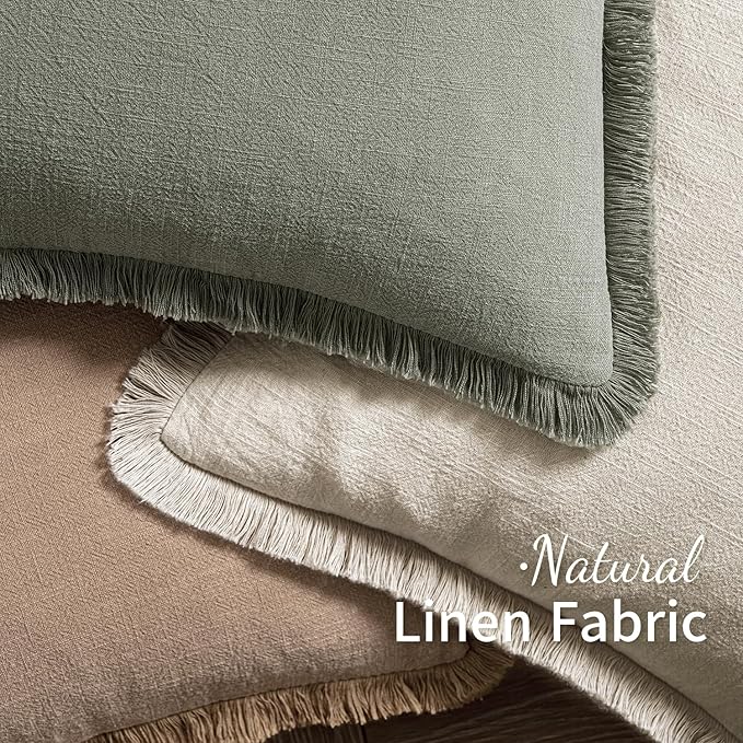MIULEE Christmas Decorative Throw Pillow Covers Neutral Linen Fringe Throw Pillows Euro Shams Set of 2 Natural Beige Boho Farmhouse Cushion Covers for Couch Sofa Bed Living Room Home Decor 28x28 Inch