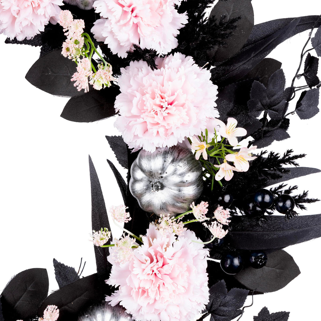 National Tree Company Artificial Pretty Morbid Pink Carnation Halloween Wreath, Black, Silver Pumpkins, 26inch