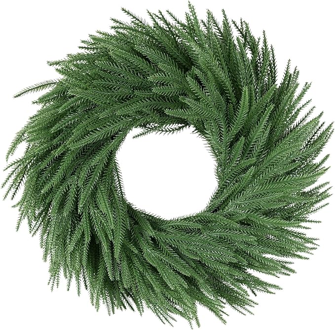 24 inch Norfolk Pine Wreath, Realistic Christmas Wreath for Front Door,Artificial Real Touch Green Wreath Greenery for Door Wall Windows Mantle Outdoor Christmas Decoration
