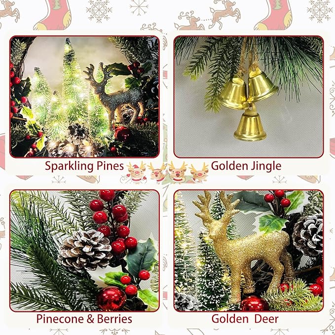 21" Pre-Lit Christmas Wreath for Front Door,Christmas Wreath Decorations with Golden Christmas Reindeer Jingle Bells Pine Cones,Christmas Door Wreath for Home Wall Window Indoor Outdoor Decor