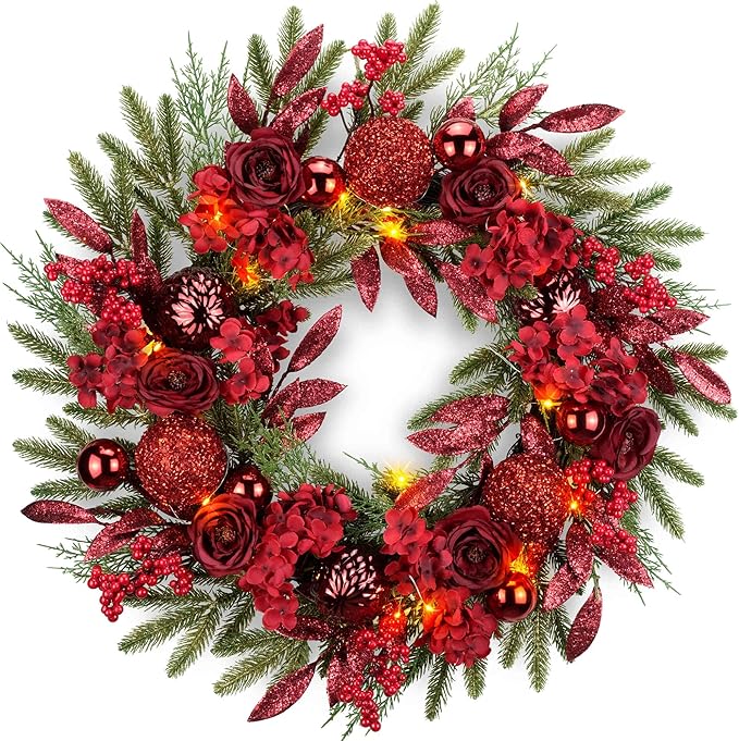 YULETIME 24" Christmas Wreath, Artificial Holiday Wreath with Baubles, Berries, Leaves, Spruce Branches, Snowy Pine Needles (Red Hydrangea)