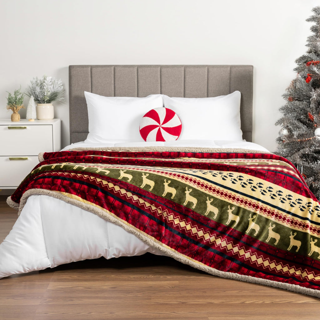 PAVILIA Premium Christmas Sherpa Throw Blanket, Green Red Cabin Design with Reindeer Print, Ultra Soft Reversible Fleece & Sherpa 50x60 Cozy Winter Blanket, Cozy Christmas & Holiday Decor