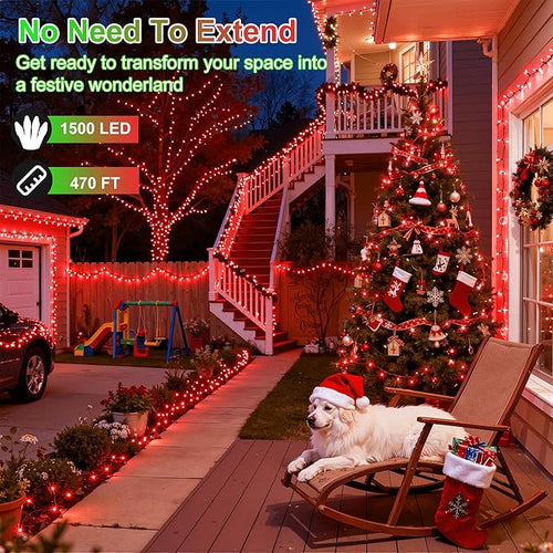 1500LED Christmas Lights Outdoor Use, 470ft 12 Modes Red LED String Lights with Timer Dimmable, Waterproof Christmas Tree Lights for Xmas Patio Yard Fence Balcony Garden Party Decor Red