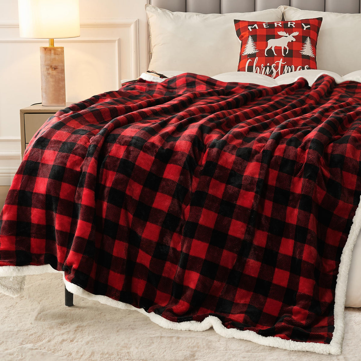 BEAUTEX Christmas Sherpa Fleece Throw Blanket, Super Soft Warm Buffalo Plaid Plush Blankets and Throws, Warm Winter Cozy Fuzzy Blanket for Couch Sofa Bed (Red, 50" x 60")
