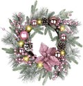 20" Christmas Wreaths for Front Door, Artificial Christmas Wreath Decoration with Lights, Winter Wreaths with Pine Cones,Bow,Balls Ornaments for Indoor Outdoor Home Decor (Pink)