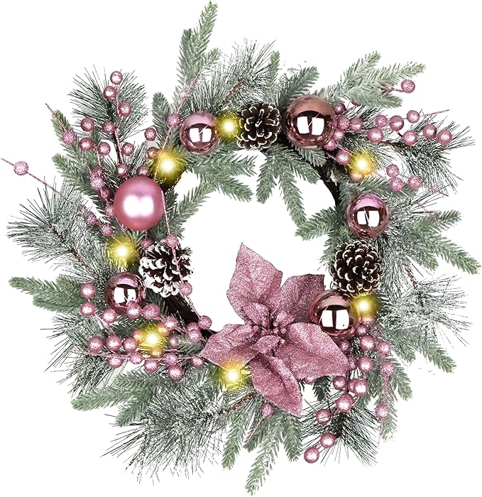 20" Christmas Wreaths for Front Door, Artificial Christmas Wreath Decoration with Lights, Winter Wreaths with Pine Cones,Bow,Balls Ornaments for Indoor Outdoor Home Decor (Pink)