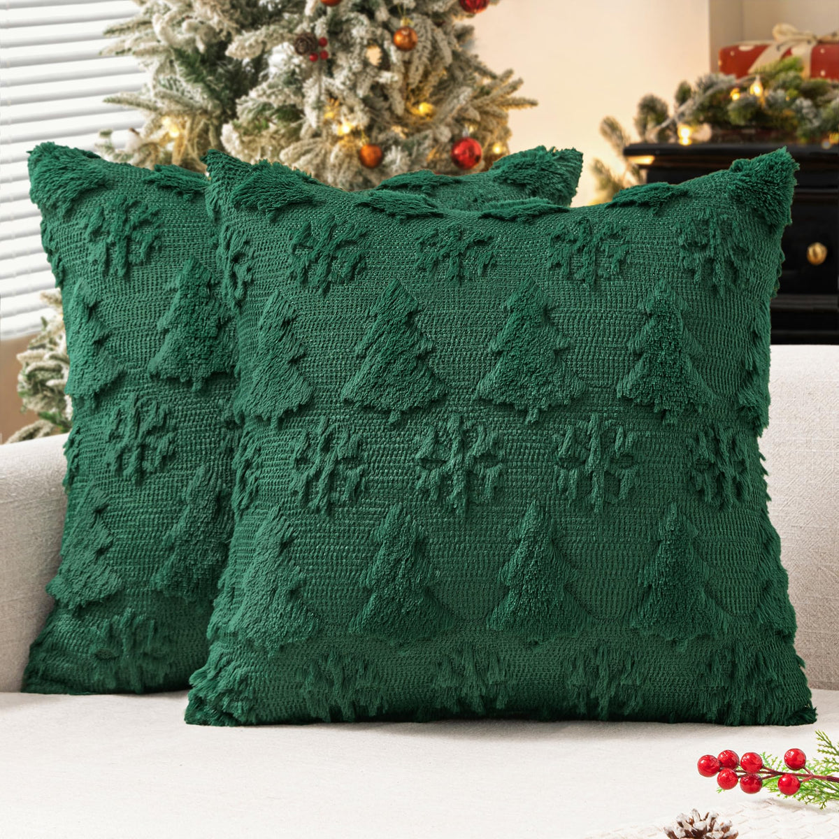 MIULEE Christmas Throw Pillow Covers 18x18 Set of 2 Christmas Decorations Dark Green Soft Plush Faux Fur Wool Xmas Tree Snowflakes Pillowcases Holiday Festivals Winter Home Decor Sofa Couch Bed Porch