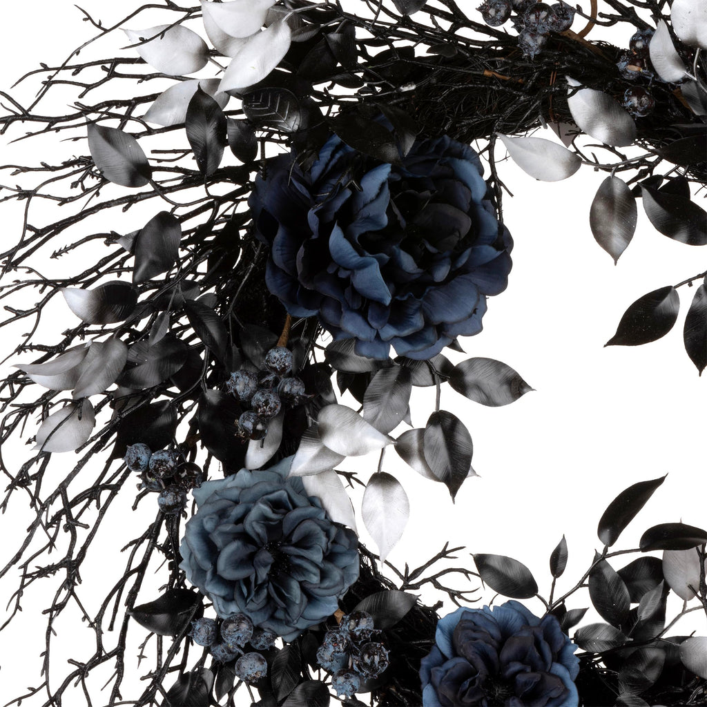 National Tree Company Artificial Deadwood and Roses Halloween Wreath, Black, 24 inch