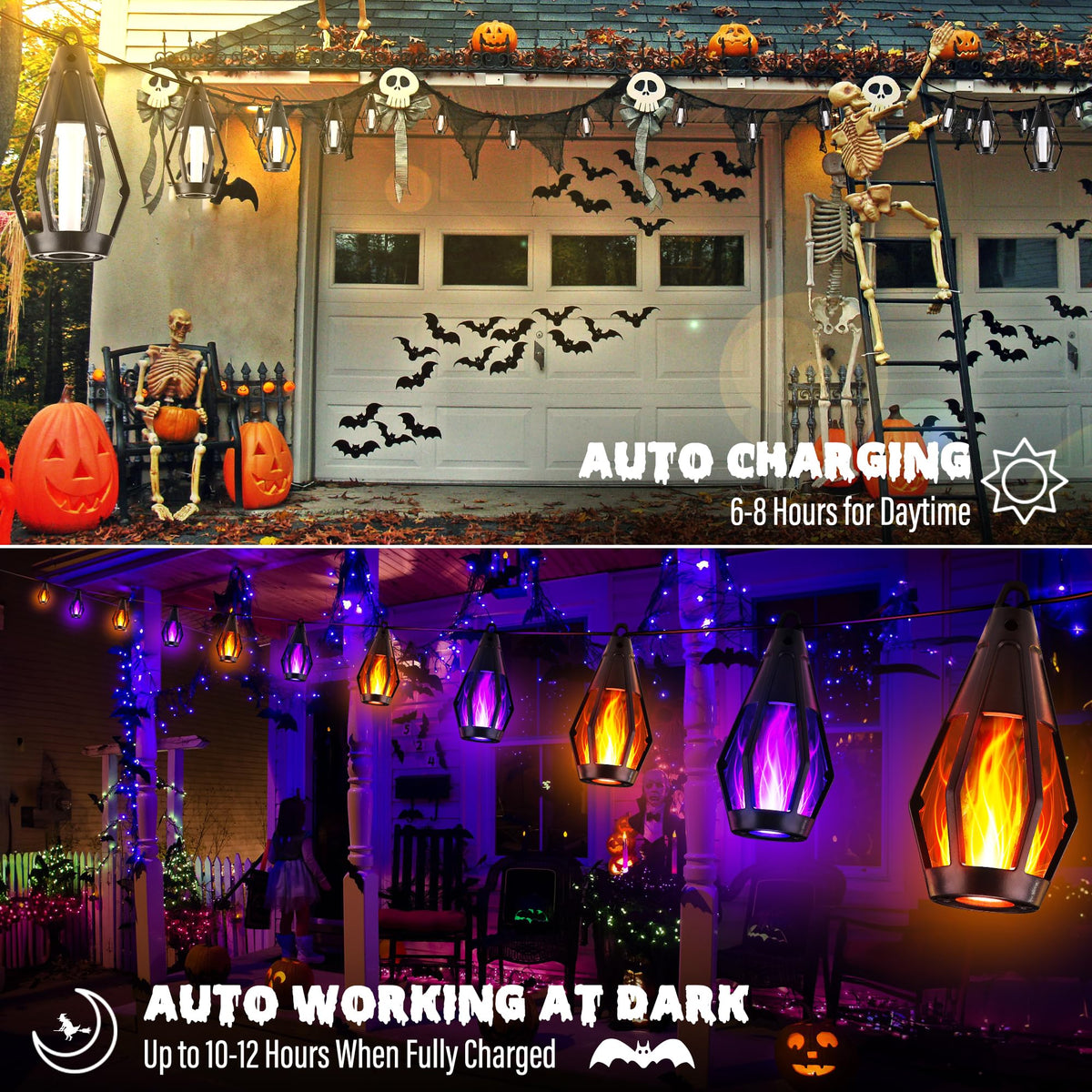 iBaycon Solar Halloween Lights, 27Ft 10 LED Bulbs Flickering Flame String Light, Outdoor Waterproof Solar Flame Lights for Garden Yard Patio Halloween Decorations (Warm White + Purple)