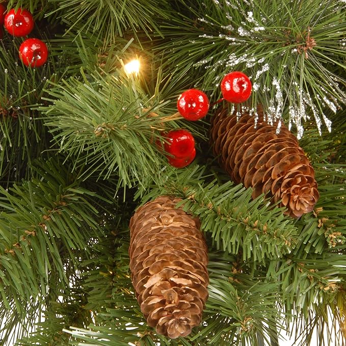 National Tree Company Pre-Lit Artificial Christmas Wreath, Green, Carolina Pine, White Lights, Decorated with Pine Cones and Glitter, Berry Clusters, Christmas Collection, 30 Inches