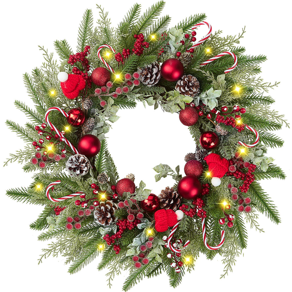22’’ Artificial Christmas Wreath for Front Door with Red Balls Candy Canes Pine Needles Red Berries Pine Cones Christmas Decorations for Winter Wall Outdoor Home Holiday Xmas Decor