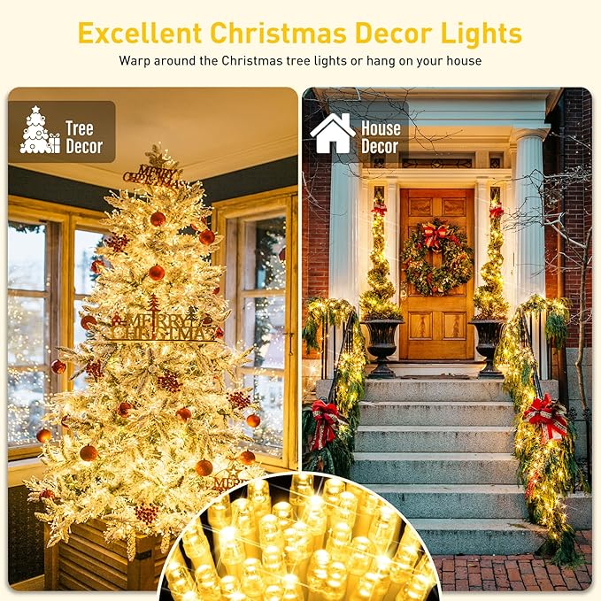 JMEXSUSS 200 LED Christmas Lights Indoor Outdoor, Connectable Warm White Christmas Tree Lights Clear Wire, 66 Ft Twinkle Fairy String Light Plug in for Bedroom Wedding Xmas Tree Decorations
