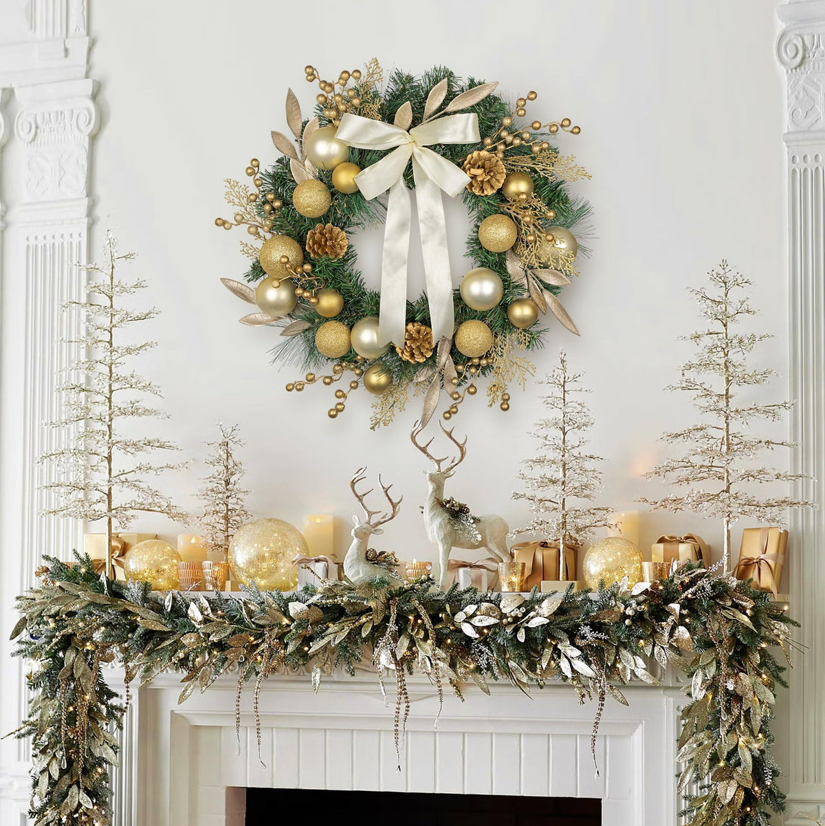 24 inch Christmas Door Wreath, Large Gold Wreaths for Front Door with Champagne Bow Golden Ball Glittered Leaf Spray Stems Pinecones for Fireplace Xmas Decorations, Wall Window Indoor Outdoor Decor