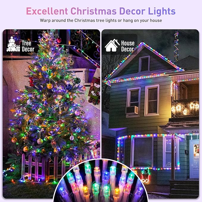 JMEXSUSS 300 LED Multicolor Christmas Tree Lights 8 Modes Colored String Lights Indoor Outdoor Multicolor Christmas Decor Lights Plug in for Christmas Tree Room Party Decoration