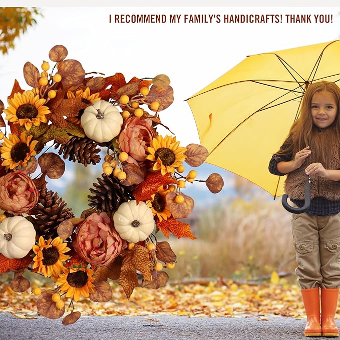 Artificial Fall Autumn Wreath 22 in with Sunflower,Peony,Pumpkin, Eucalyptus Leaf for Front Door Thanksgiving Wreaths Wall Window Harvest Festival Celebration