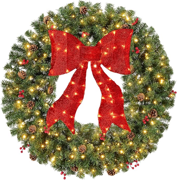 Best Choice Products 30in Pre-Lit Christmas Wreath w/Berries & Pinecones, Large Artificial Indoor/Outdoor Decor for Door, Mantel w/Red Bow, Plug-in
