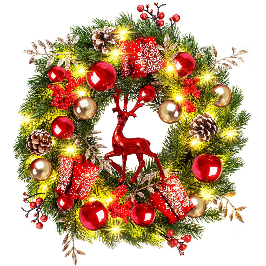 Quntis Lighted Christmas Wreath Front Door - 16'' Reindeer Winter Wreath with 8 Modes Timer, Red Gold Balls, Snowflakes, Pine Cones, Berries for Indoor Outdoor Holiday Windows Fireplace Mantel Porch