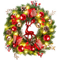 Quntis Lighted Christmas Wreath Front Door - 16'' Reindeer Winter Wreath with 8 Modes Timer, Red Gold Balls, Snowflakes, Pine Cones, Berries for Indoor Outdoor Holiday Windows Fireplace Mantel Porch