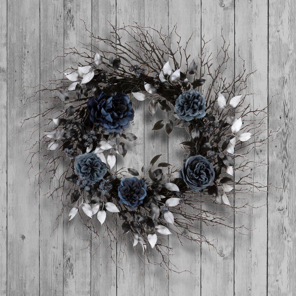 National Tree Company Artificial Deadwood and Roses Halloween Wreath, Black, 24 inch