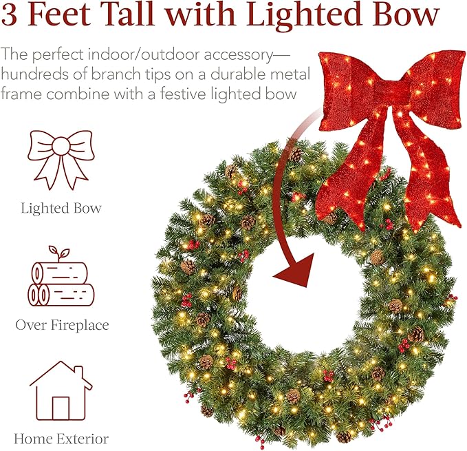 Best Choice Products 36in Pre-Lit Christmas Wreath w/Berries & Pinecones, Large Artificial Indoor/Outdoor Decor for Door, Mantel w/Red Bow, Plug-in