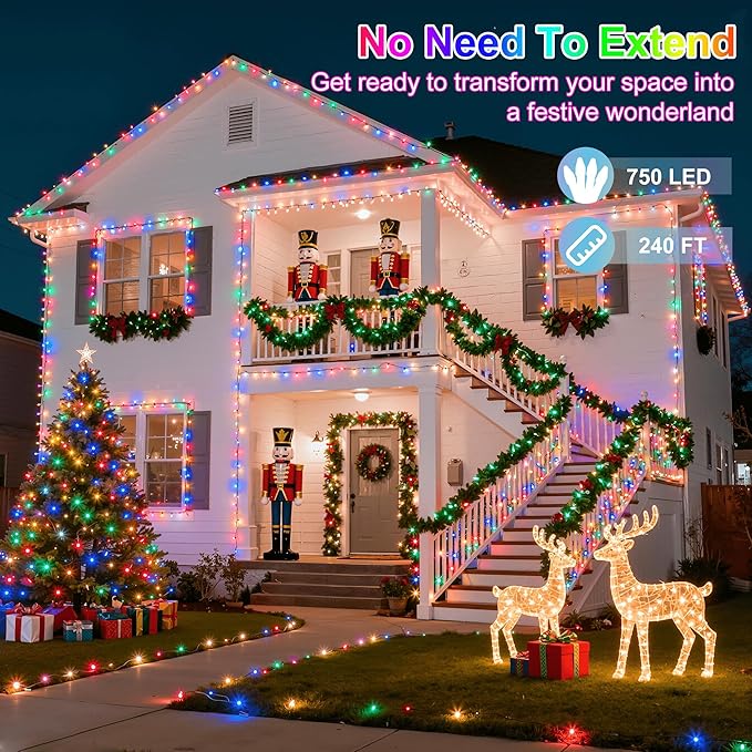 750LED Christmas Lights Outdoor Use, 240ft 12 Modes Multicolor LED String Lights with Timer Dimmable, Waterproof Christmas Tree Lights for Xmas Patio Yard Fence Balcony Garden Decor Multicolor