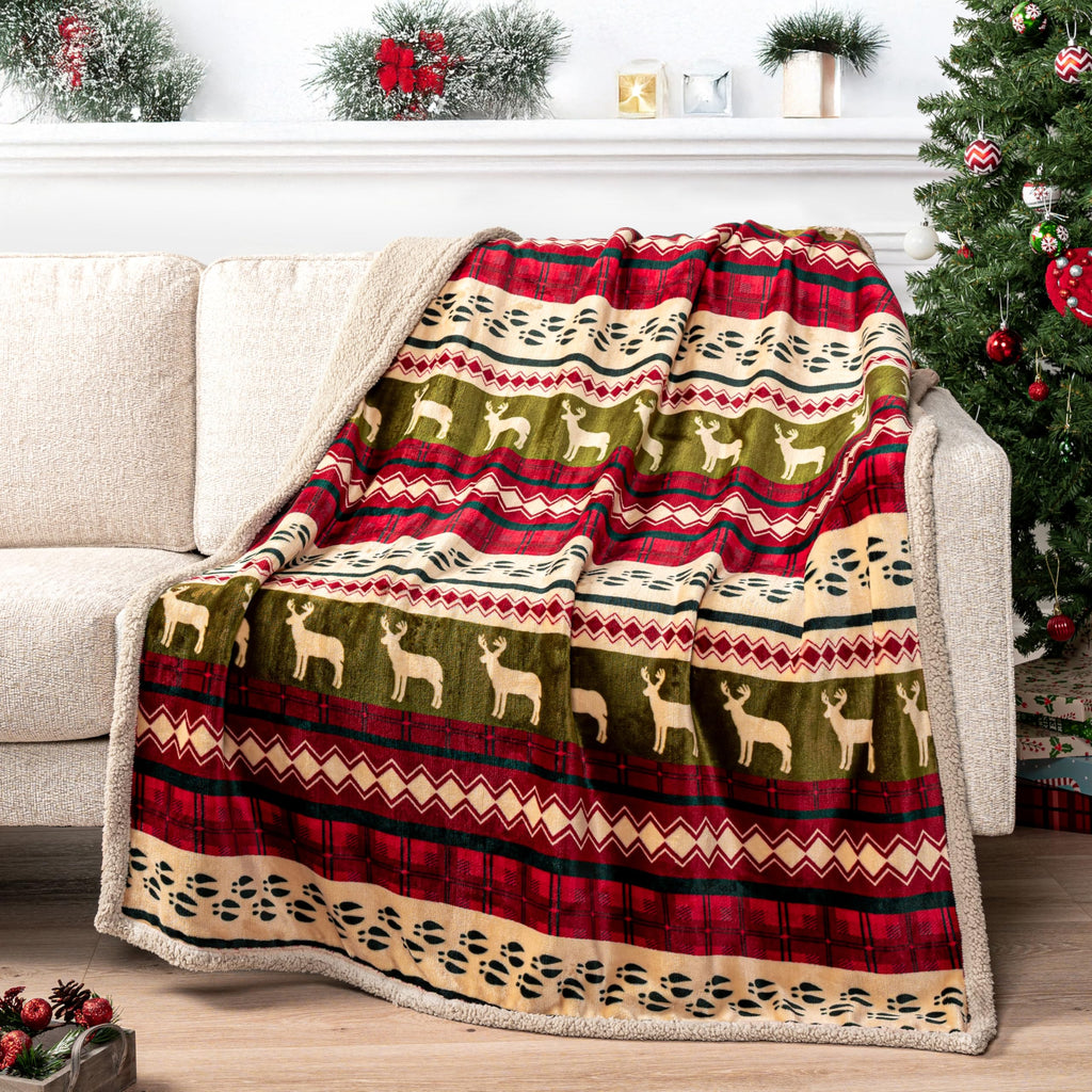 PAVILIA Premium Christmas Sherpa Throw Blanket, Green Red Cabin Design with Reindeer Print, Ultra Soft Reversible Fleece & Sherpa 50x60 Cozy Winter Blanket, Cozy Christmas & Holiday Decor