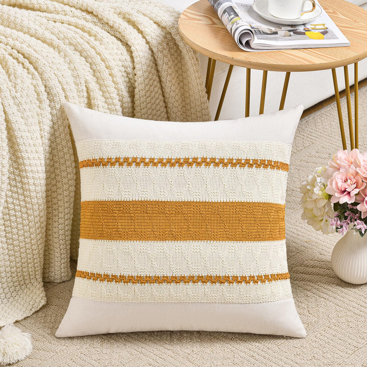 Fancy Homi Set of 2 Mustard Yellow Fall Decorative Throw Pillow Cover 18x18 Inch for Couch Bed Sofa, Autumn Halloween Thanksgiving Home Decor, Soft Cotton Aesthetic Cushion Case
