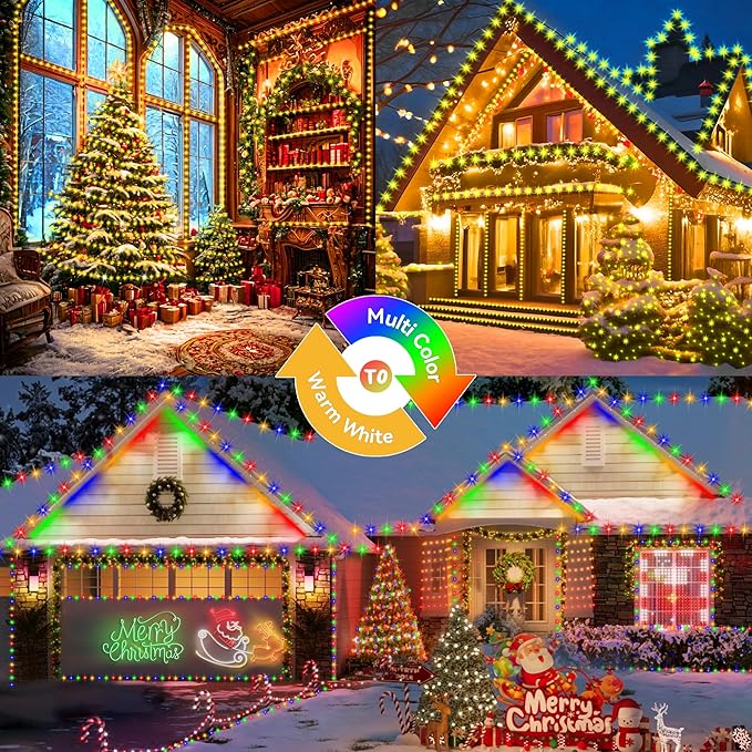KNONEW Christmas Lights Outdoor 500 LED 197FT Green Wire Color Changing String Lights with 11 Modes & Timer Dimmable Fairy Light for Xmas Tree Roof Yard Wedding Decorations(Warm White to Multicolor)