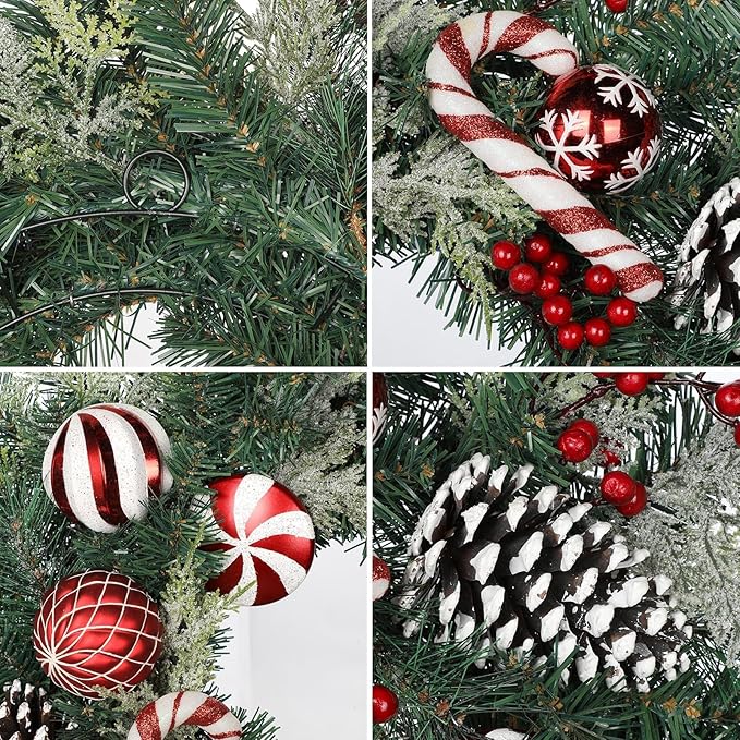 24 inch Christmas Door Wreath, Norfolk Pine Wreaths for Front Door with Candy Cane Red and White Ball Pinecones Berries for Fireplace Xmas Decorations, Wall Window Indoor Outdoor Decor